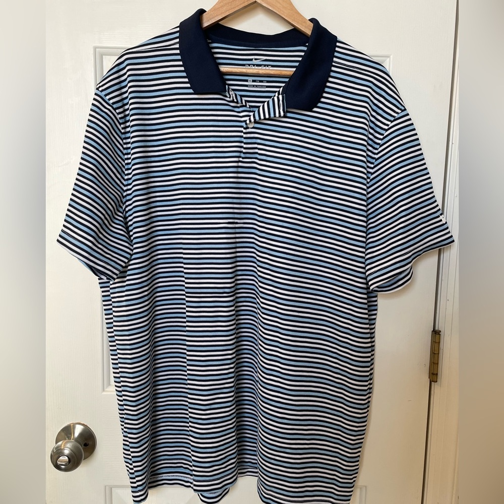 Nike Golf Polo Dri-Fit Men’s XXL Standard Fit Shirt Navy Light Blue Stripes